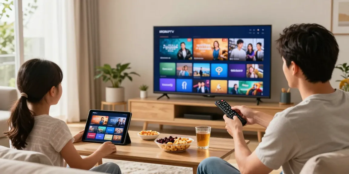 Utilisation de l'IRON IPTV par une famille dans leur salon, profitant de chaînes et films en haute qualité.