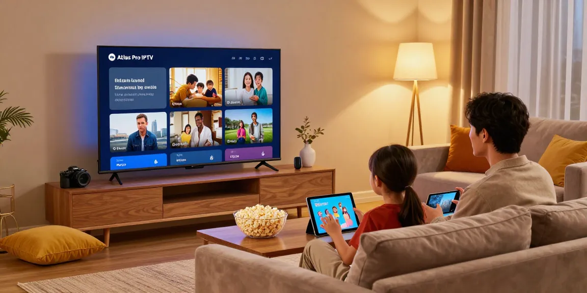 Famille profitant d'Atlas Pro IPTV sur Smart TV dans un salon moderne.