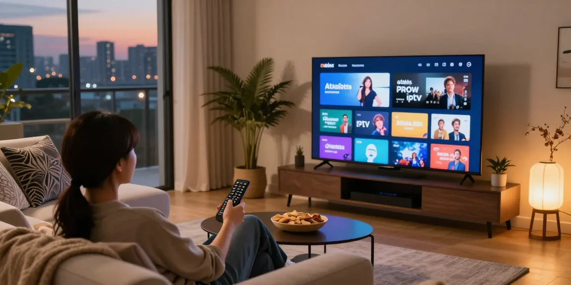 Personne regardant atlas pro iptv dans un salon moderne, ambiance chaleureuse.